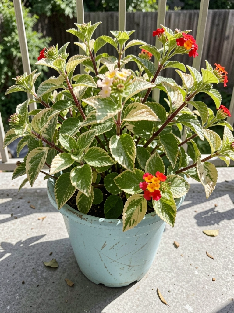 Sapatinho do diabo em vaso na varanda, sob luz solar direta, com folhas verdes e flores alaranjadas.
