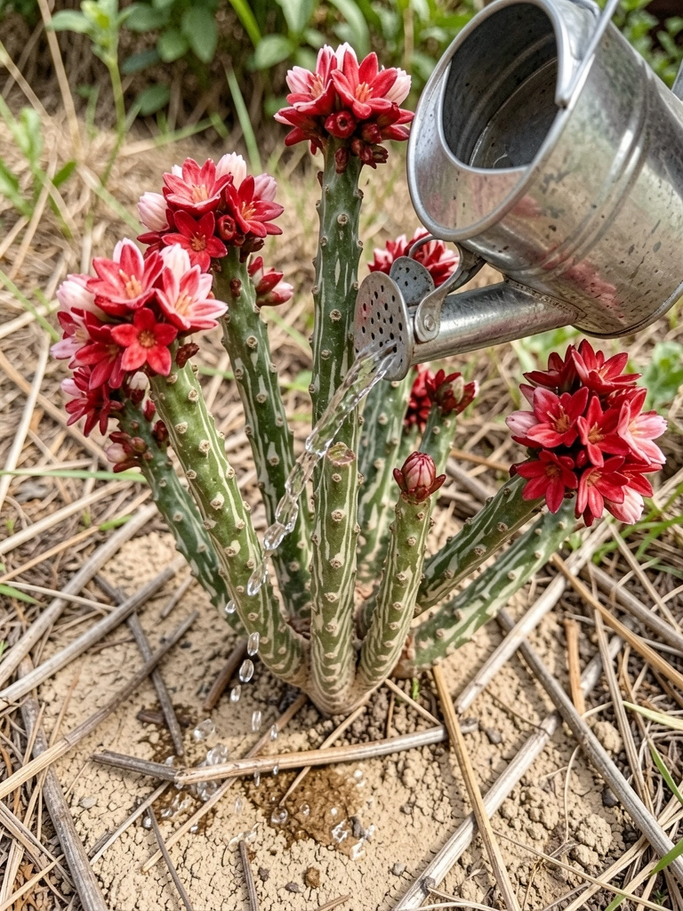 Regador despejando água sobre o substrato de uma planta em vaso