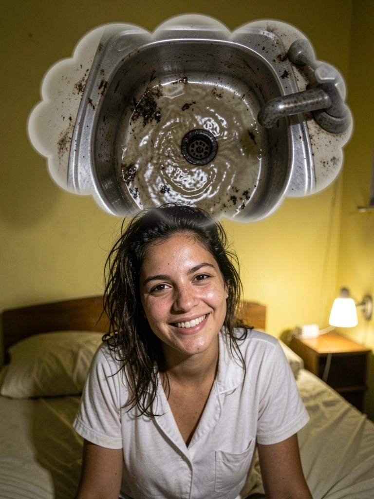 Pessoa acordando na cama, nuvem de sonho acima com manchas escuras de sujeira