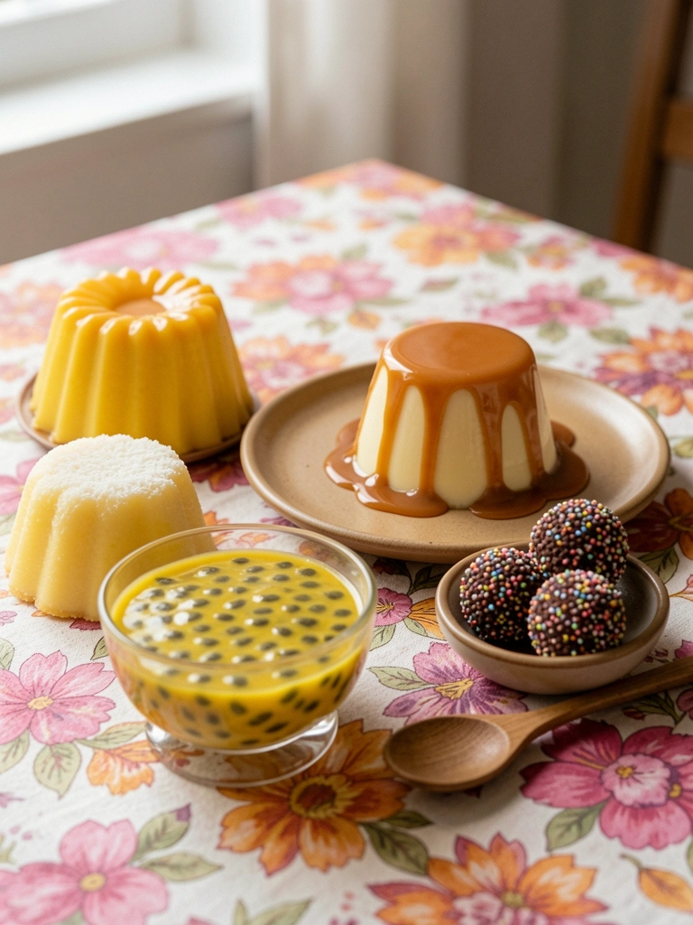 Pudim de leite condensado, brigadeiro, quindim e mousse de maracujá em uma mesa de madeira.