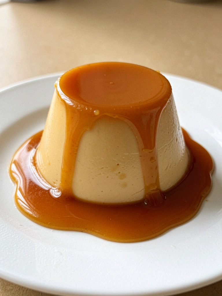 Pedaço de pudim com calda de caramelo sobre um prato branco.