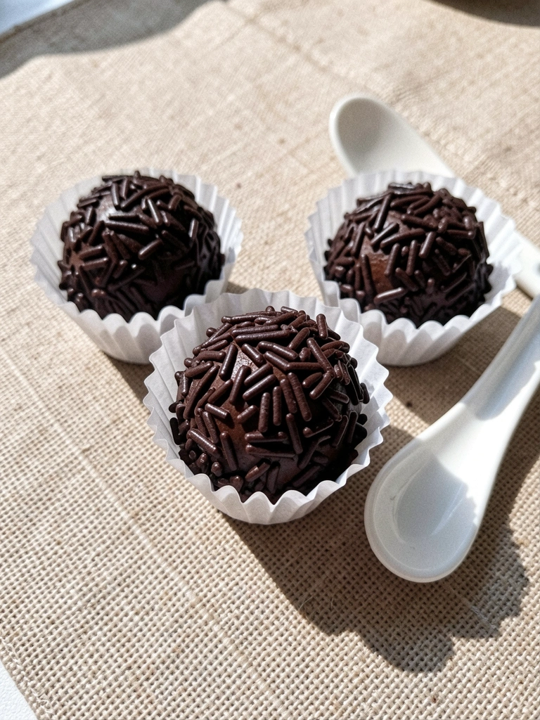 Brigadeiros com granulado colorido dispostos em forminhas de papel.