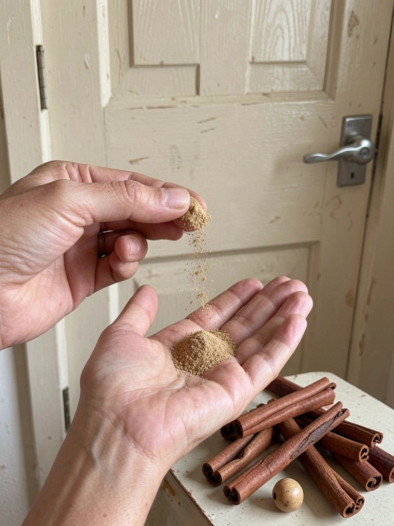 Mão segurando um punhado de canela em pó diante de uma porta de madeira