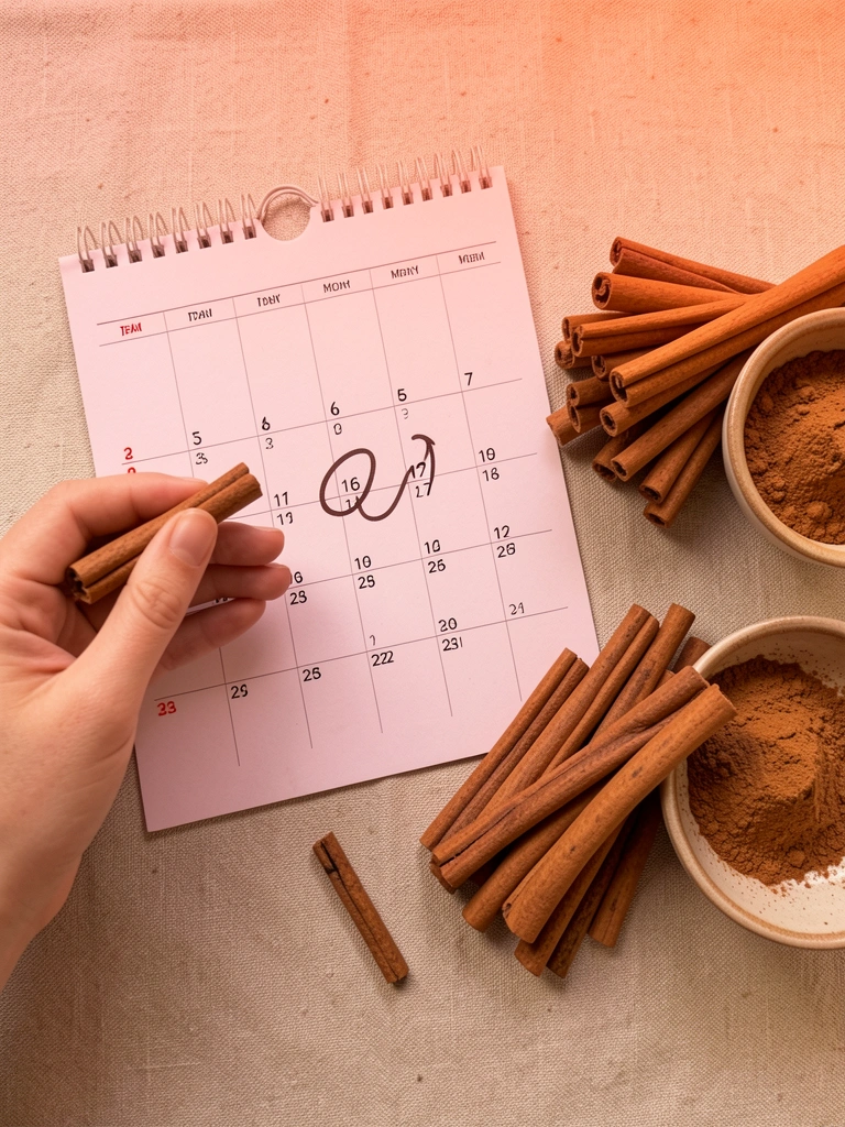 Calendário de parede com o número 1 circulado à caneta e um pedaço de canela ao lado.