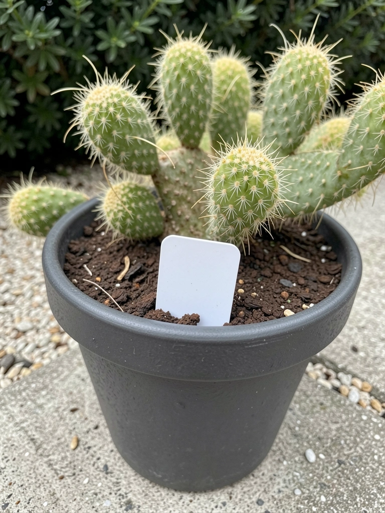 Etiqueta de planta com nome científico Opuntia microdasys em garden center