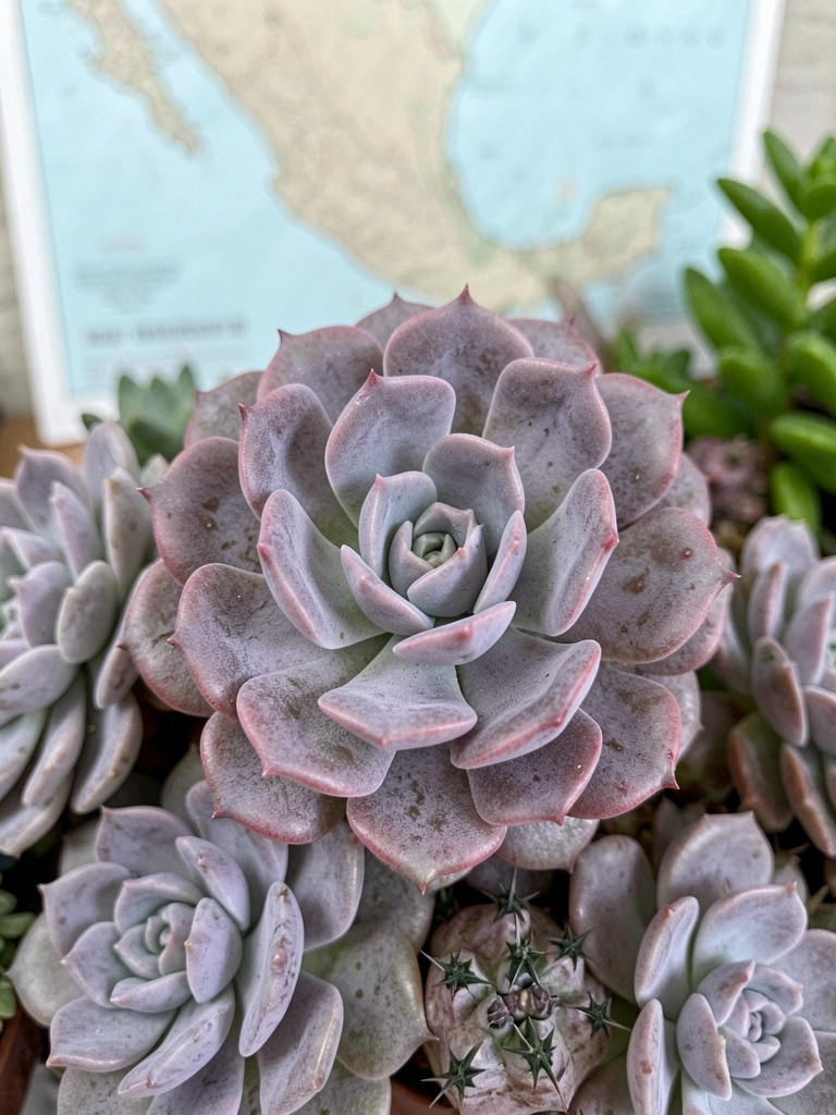 Mapa do México com ilustração de Graptopetalum paraguayense ao lado