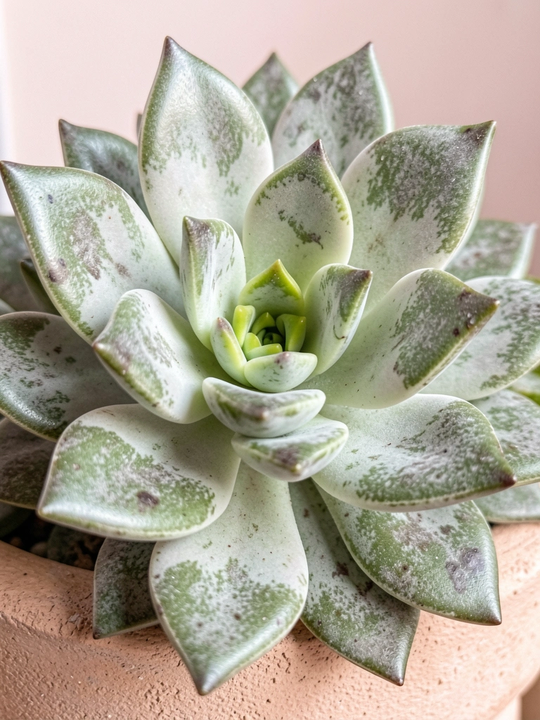 Planta suculenta em vaso de cerâmica sobre mesa de madeira clara, com luz natural suave vinda de uma janela ao fundo