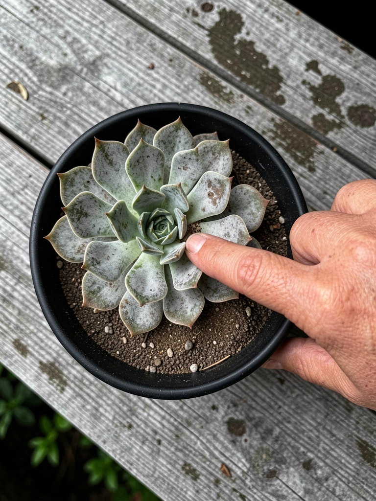 Mão tocando a terra seca de um vaso com suculenta