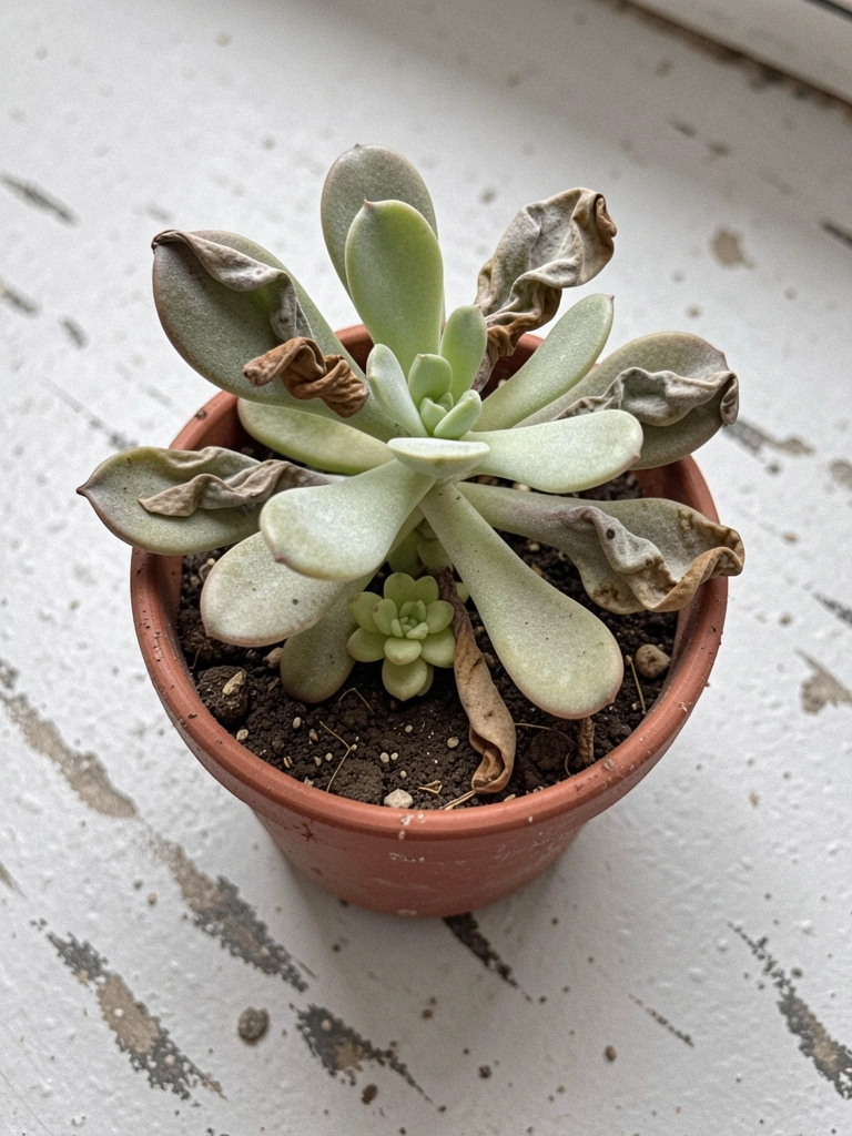 Folhas verdes e murchas da planta fantasma lado a lado