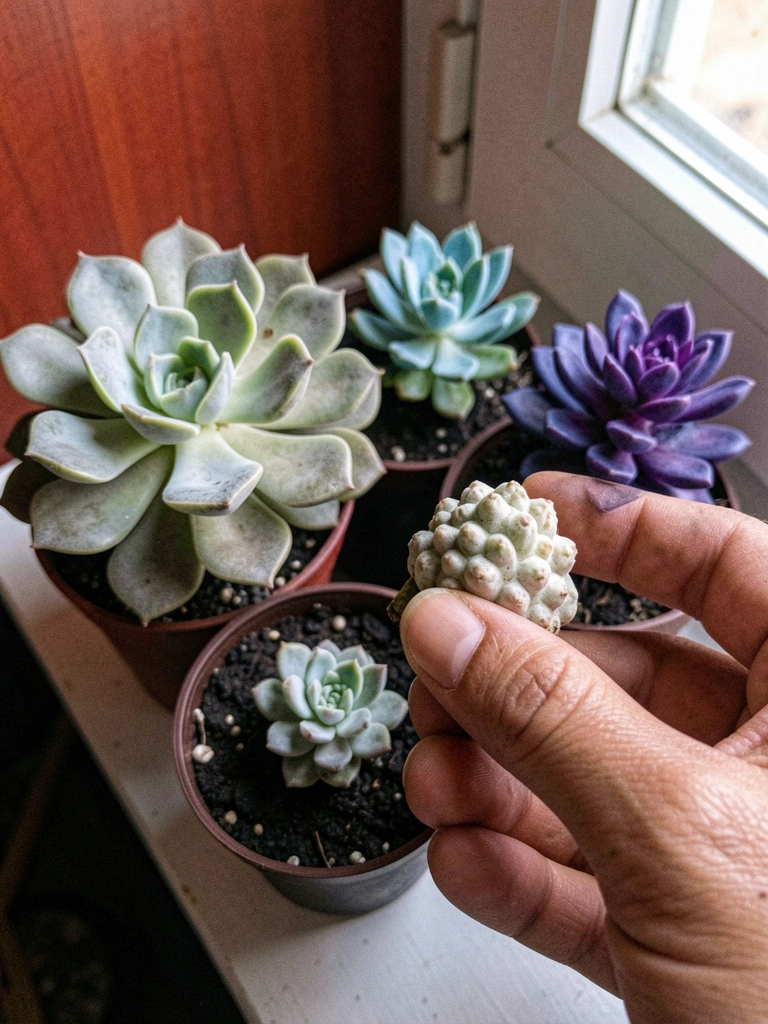 Vaso de suculenta na janela com luz indireta, ambiente interno aconchegante