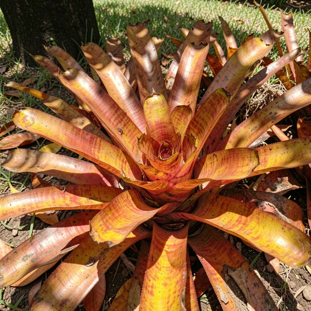 Folha grossa de bromélia com textura rugosa e bordas levemente curvadas.