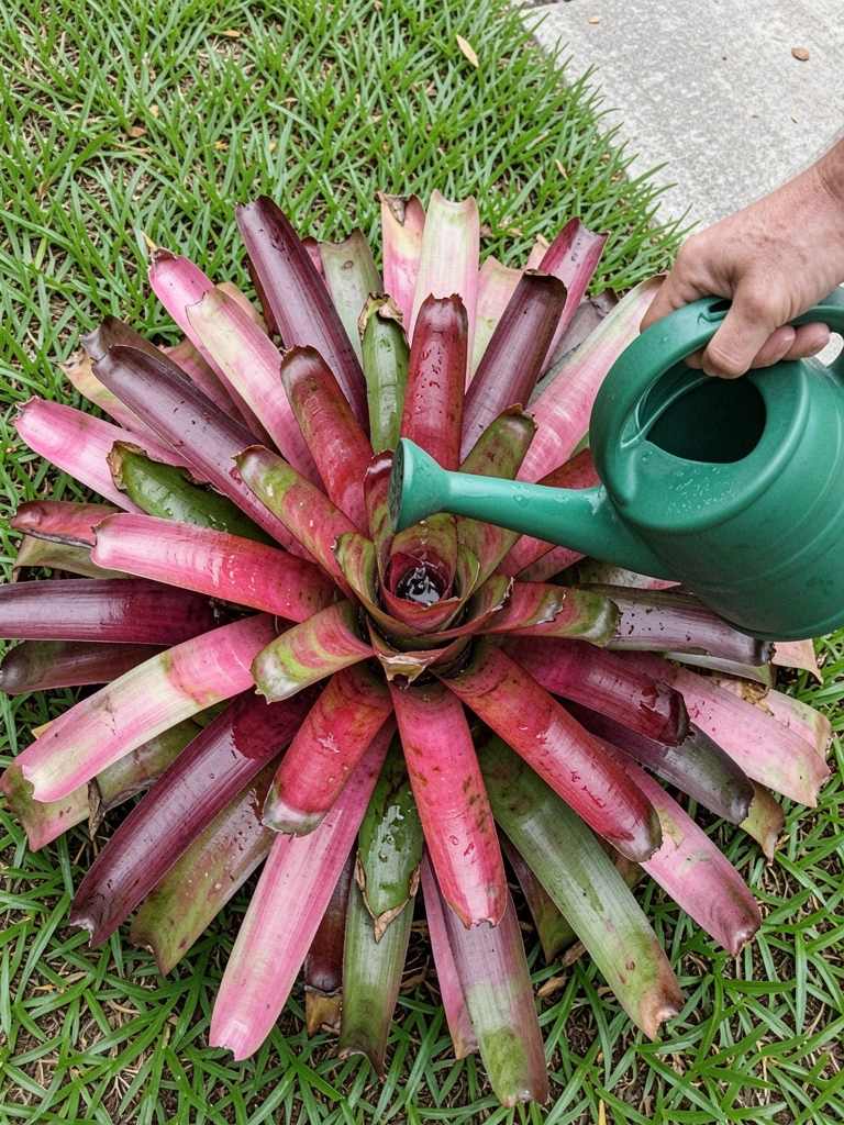 Mão segurando regador sobre bromélia em vaso com prato central