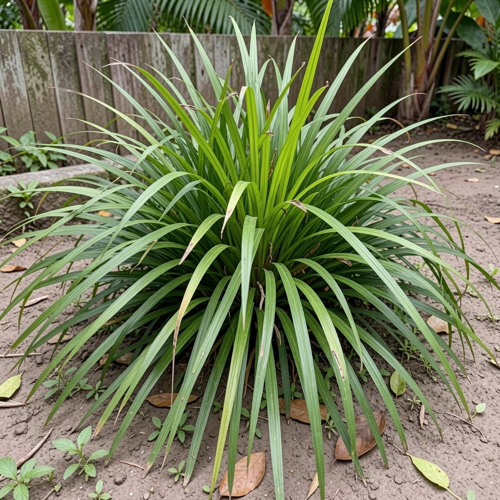 Touceira de citronela de Ceilão com folhas verdes e textura marcante em jardim tropical