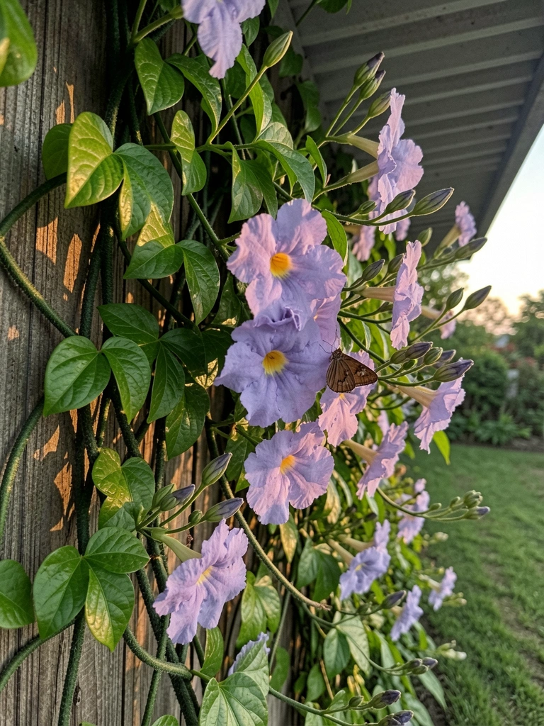 Muro coberto por trepadeira verde com flores roxas, iluminado pela luz do pôr do sol