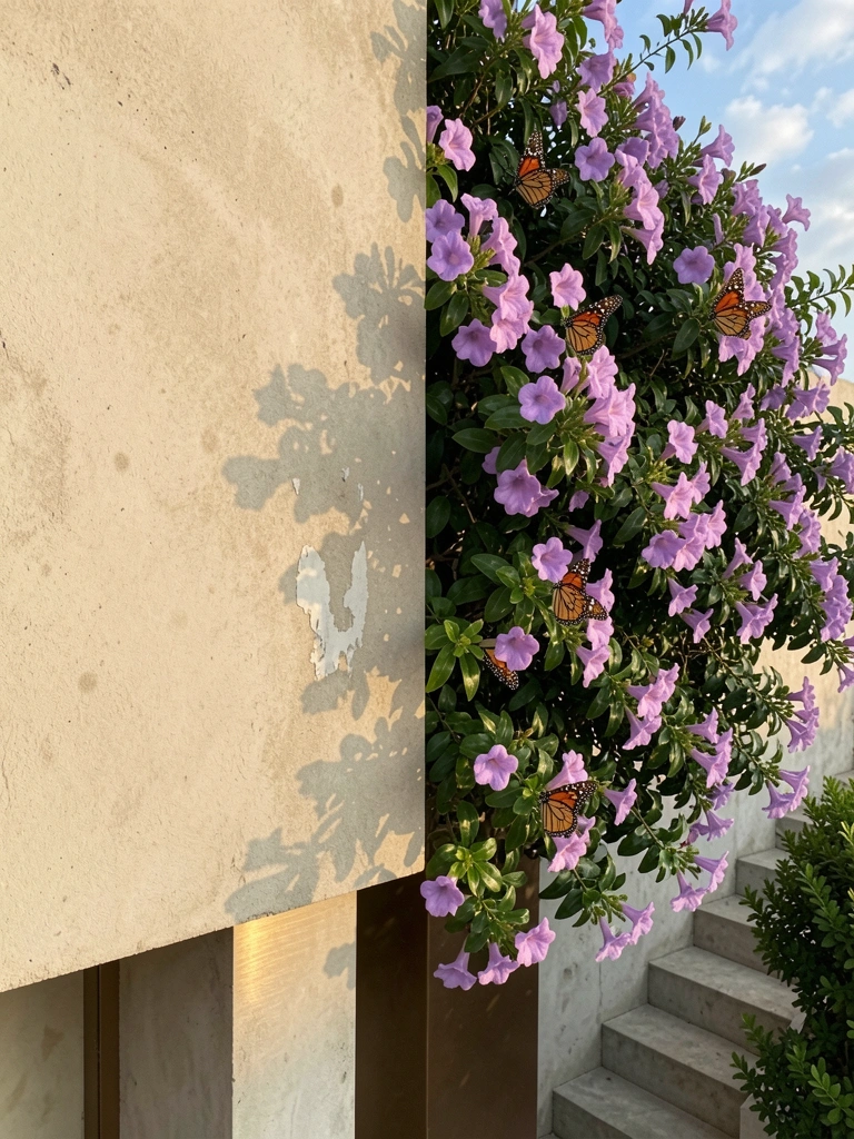 Muro de concreto coberto por trepadeira exuberante, com folhas verdes e flores, lado a lado com muro nu