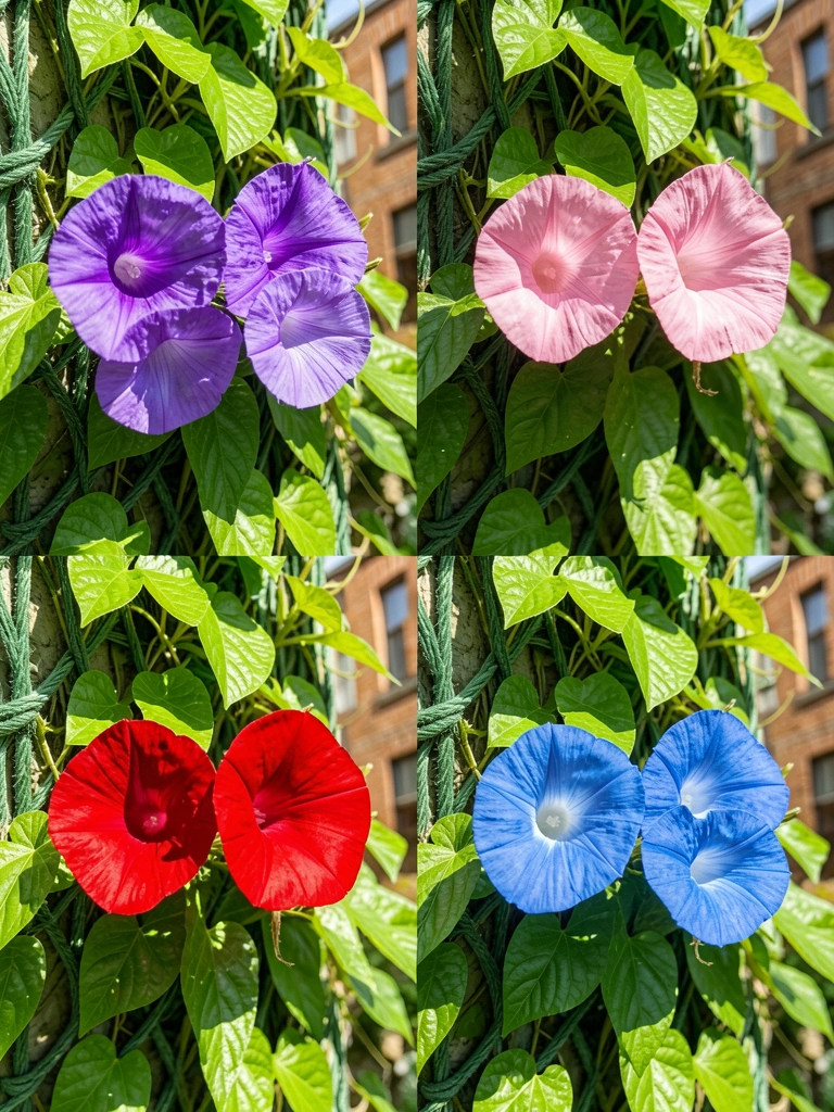 Colagem de quatro trepadeiras floridas, com flores em tons de rosa, laranja e branco sobre fundo verde.