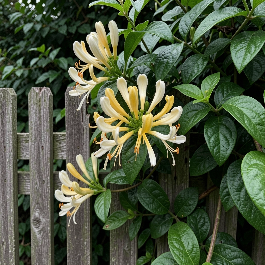 Flores de madressilva amarelas e brancas entrelaçadas em uma cerca de madeira