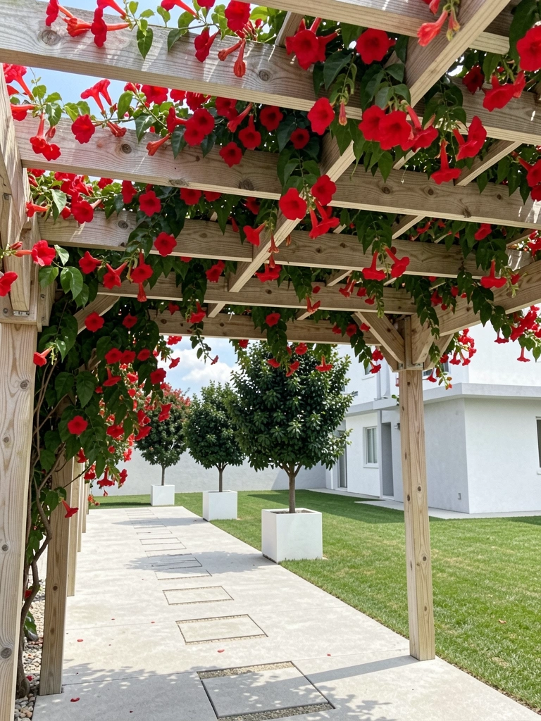 Pergolado de madeira coberto por trepadeira com flores vermelhas vibrantes