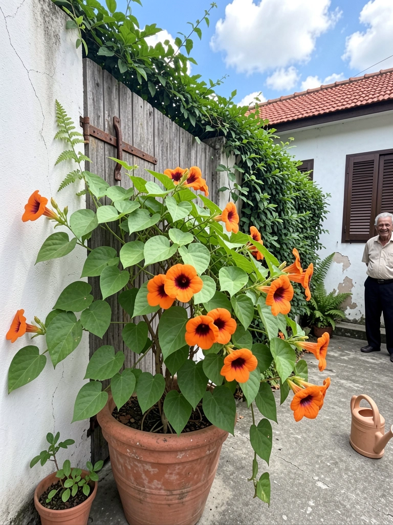 Vaso com tumbérgia de flores laranjas e centro escuro, folhas verdes ao fundo