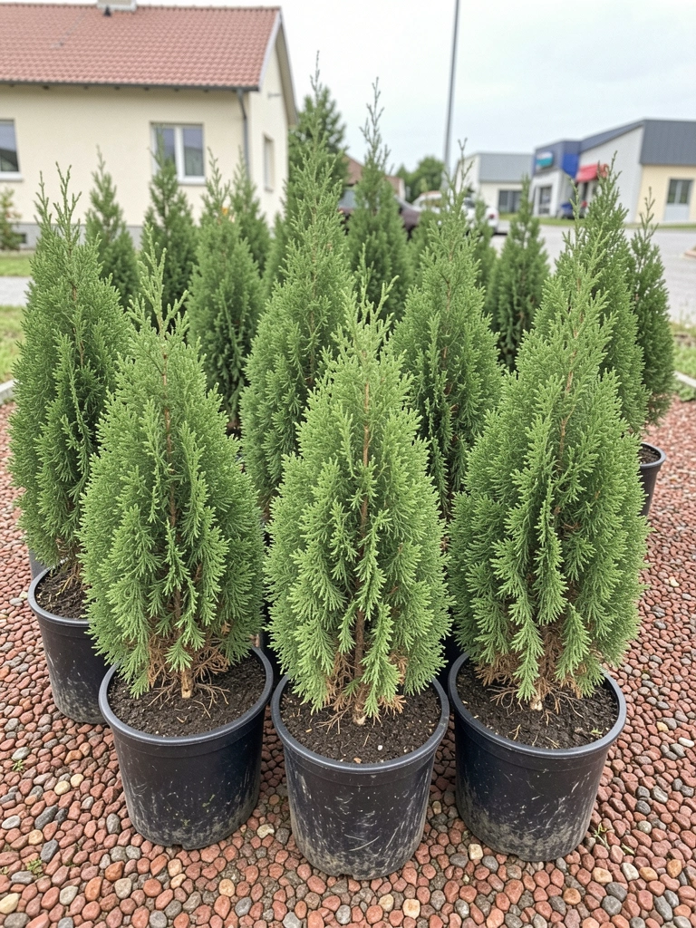 Tuia plantada em vaso ao lado de porta de madeira clara em área externa