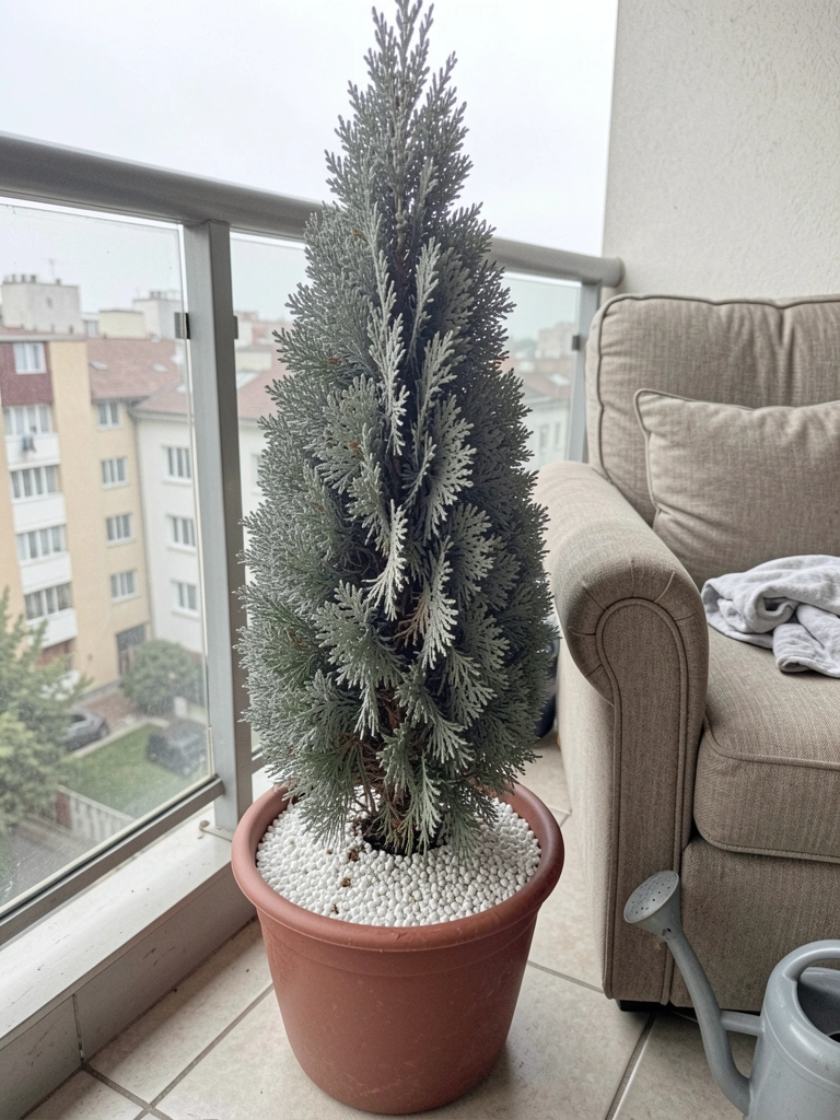 Varanda de apartamento com poltrona de madeira e vaso com tuia ao lado