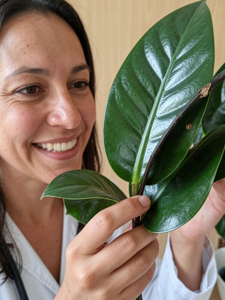 Mulher segurando uma folha de zamioculca em ambiente interno.