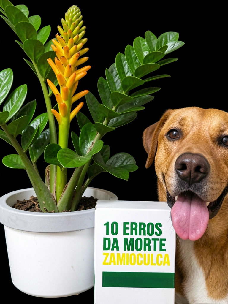Cachorro babando ao lado de vaso com zamioculca em ambiente interno.