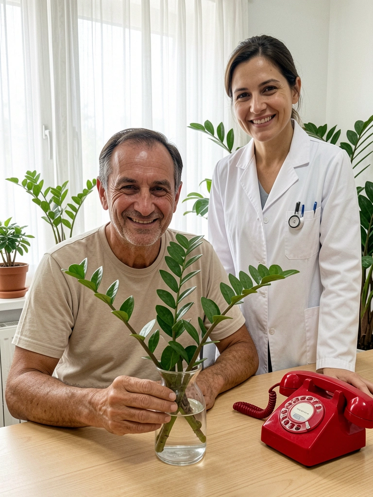 Telefone vermelho sobre uma mesa ao lado de um veterinário de jaleco branco.